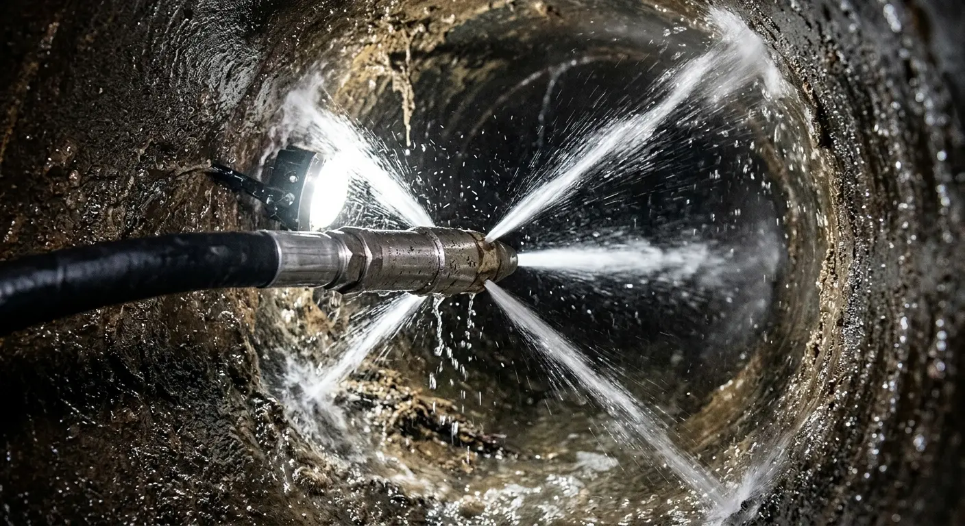 High-pressure hydro jetting nozzle cleaning sewer pipe for Trenchless Sewer Repair in Artesia