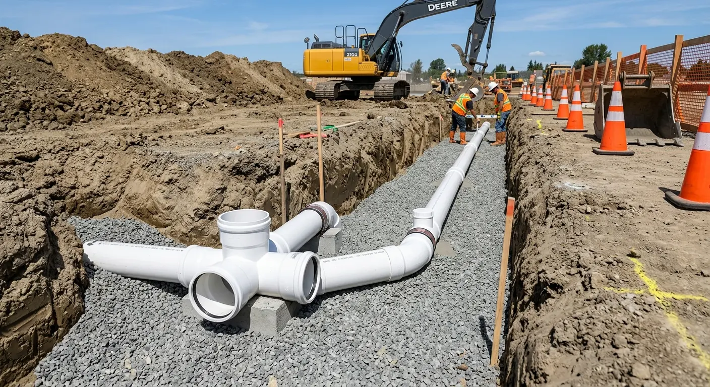 New PVC sewer pipe installation in open trench for Grease Trap Cleaning in Artesia