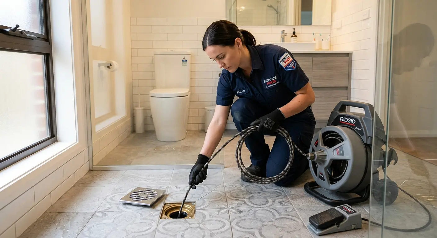 Technician clearing a bathroom floor drain for Hydro Jetting in Artesia